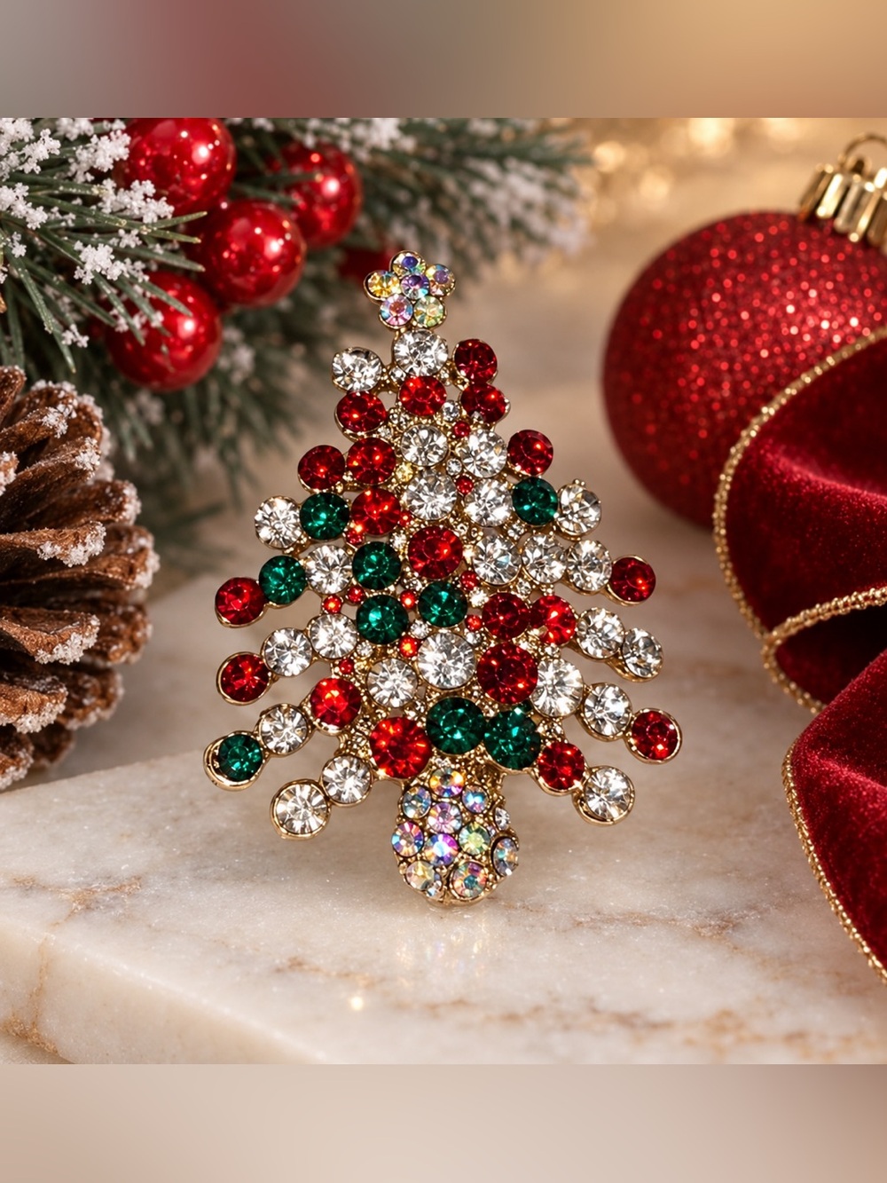 Vintage Christmas Tree Rhinestone Brooch Pin Red Green Clear Multicolor Holiday